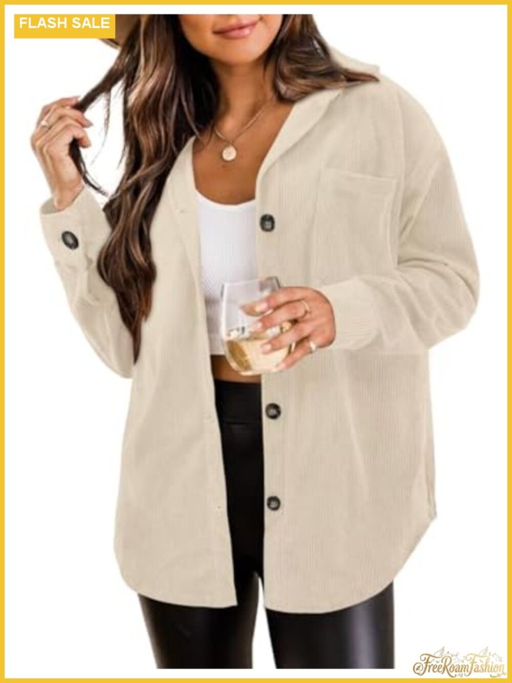 Womens Corduroy Button Down Shacket Loose Fit Long Sleeve Casual Jacket